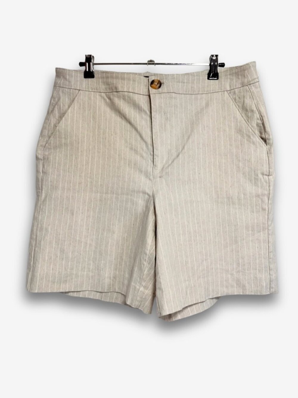 Reitmans Linen Blend Bermuda Shorts Beige Pinstripe Tailored Quiet Luxury 14